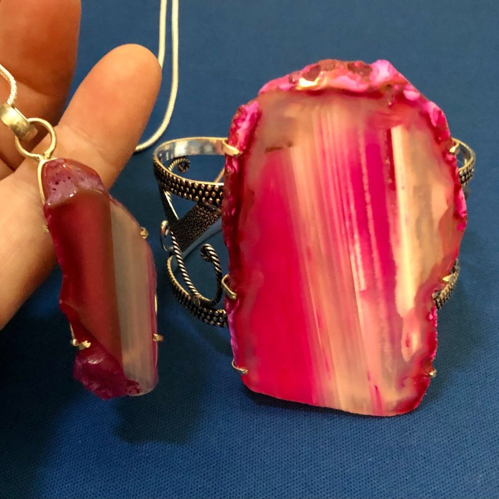 Agate Geode Slice 925 Silver Plated Huge Adjustable Bracelet + Necklace.